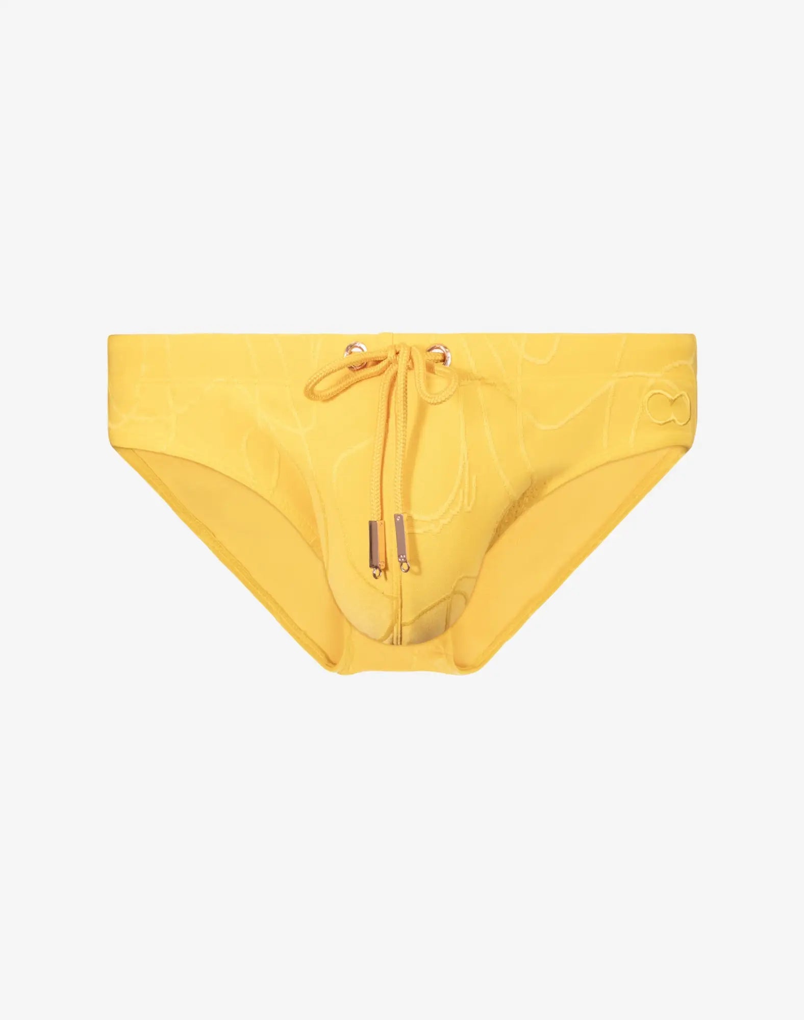 Bright yellow 2EROS V10 textured swim brief with drawstring waist and metallic zipper accents for swimming