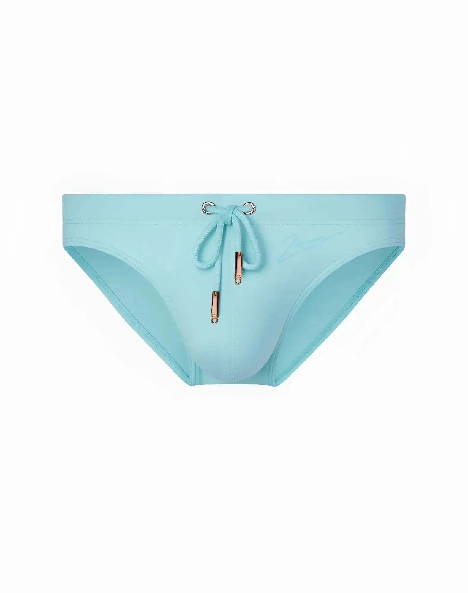 Light blue 2EROS V20 Core Swim trunks with drawstring closure and rose gold toned metal hardware in crystal blue