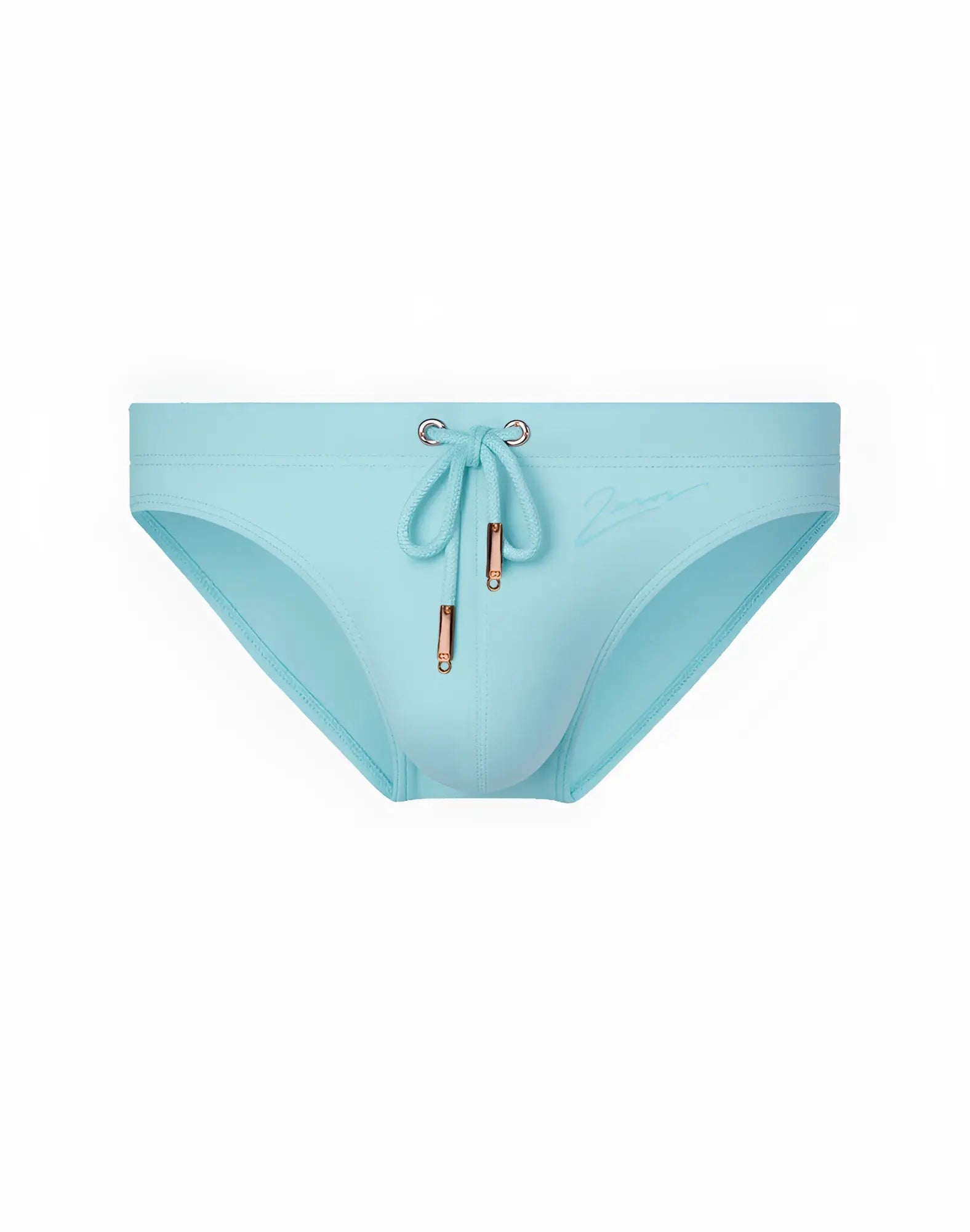 Light blue 2EROS V20 Core Swim trunks with drawstring closure and rose gold toned metal hardware in crystal blue