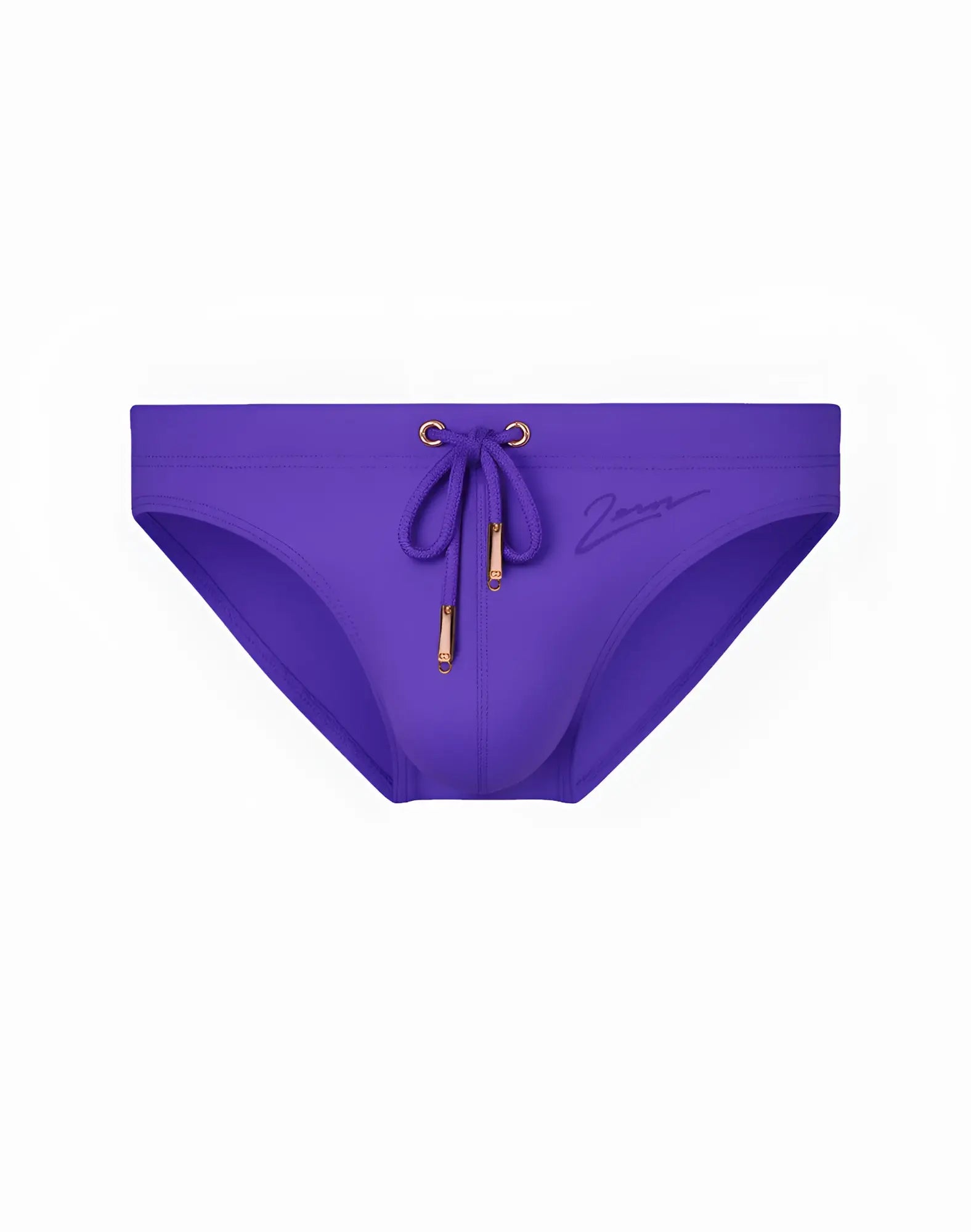 Vibrant purple 2EROS V20 core swim trunks with gold-tone drawstring and metallic hardware for stylish beachwear