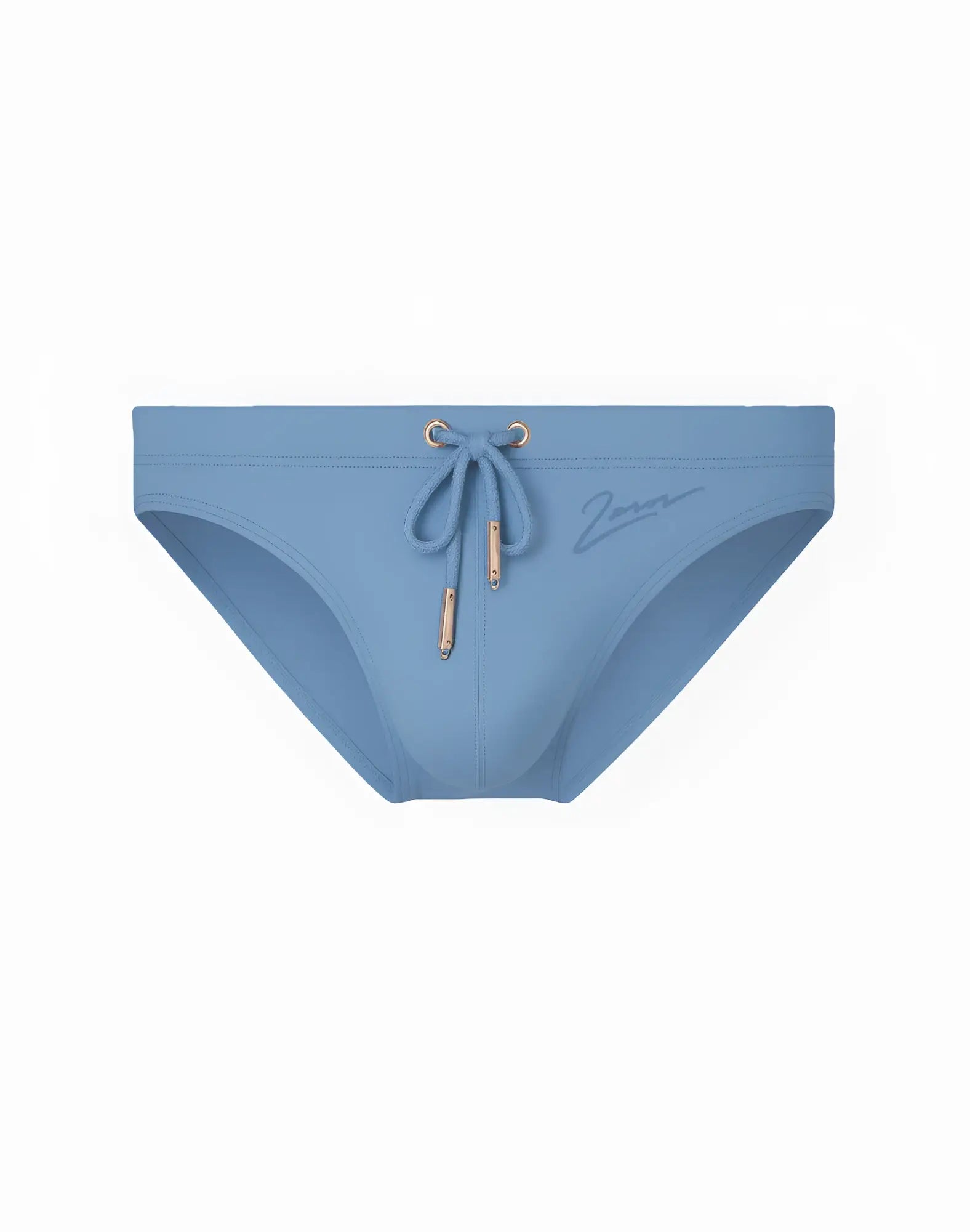 Light blue 2EROS V20 core swimwear trunks with drawstring waistband and metallic gold-tone hardware in faded denim style
