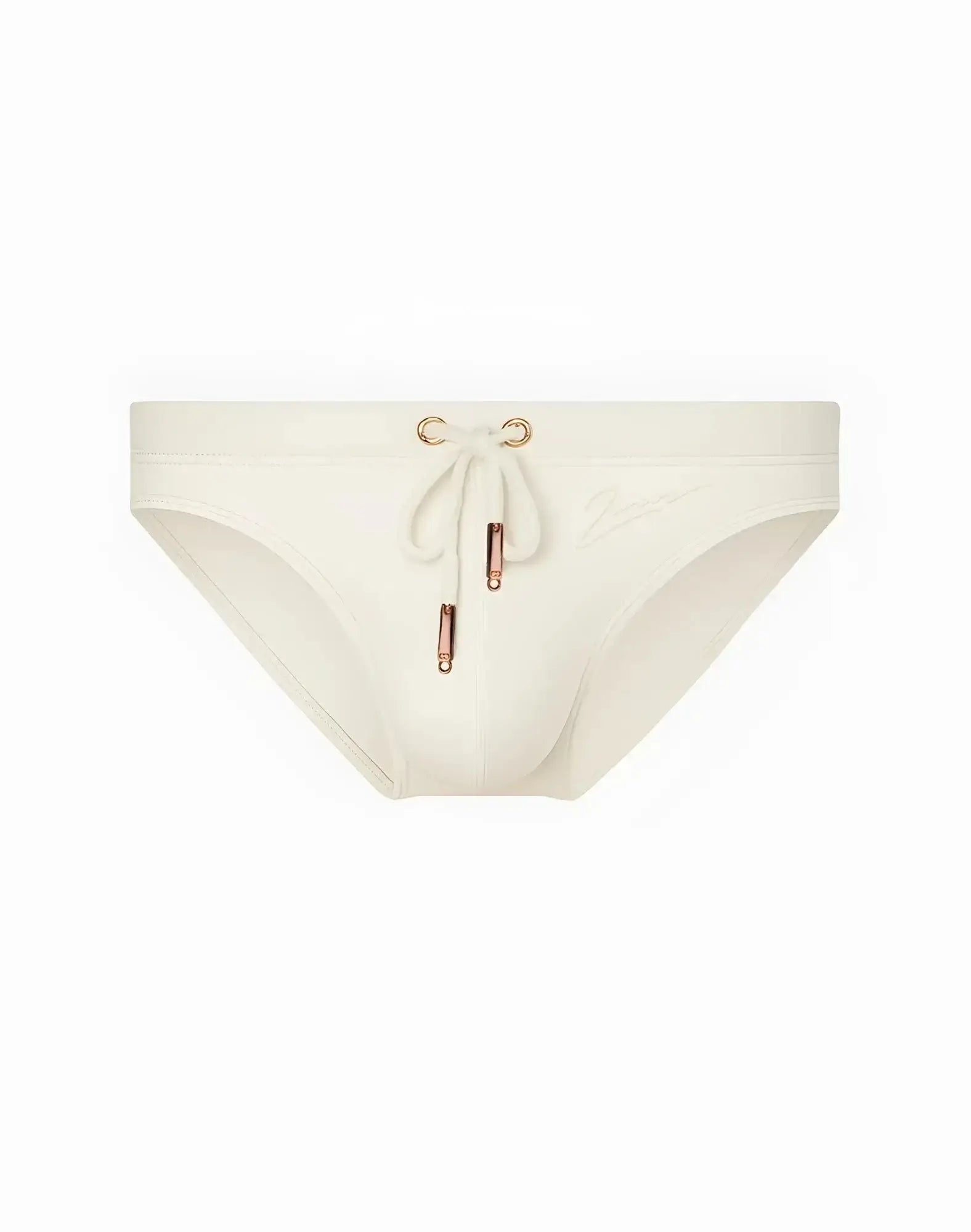 Cream-colored 2EROS V20 Core swim trunks with drawstring closure and rose gold metal accents in sand color