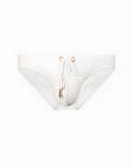 White bikini bottom from 2eros v20 core swimwear featuring rose gold metal hardware and a central zipper closure