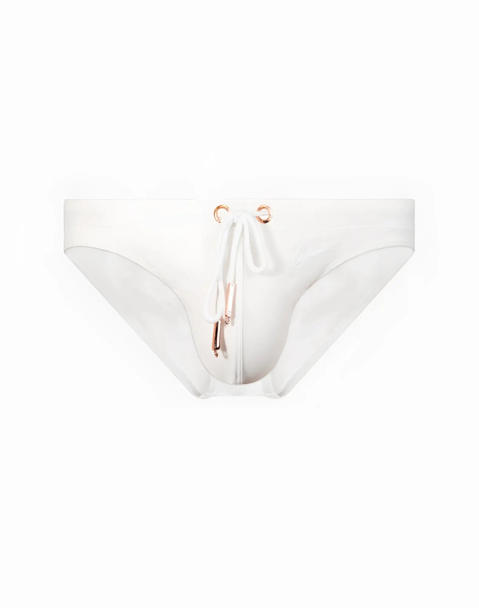 White bikini bottom from 2eros v20 core swimwear featuring rose gold metal hardware and a central zipper closure