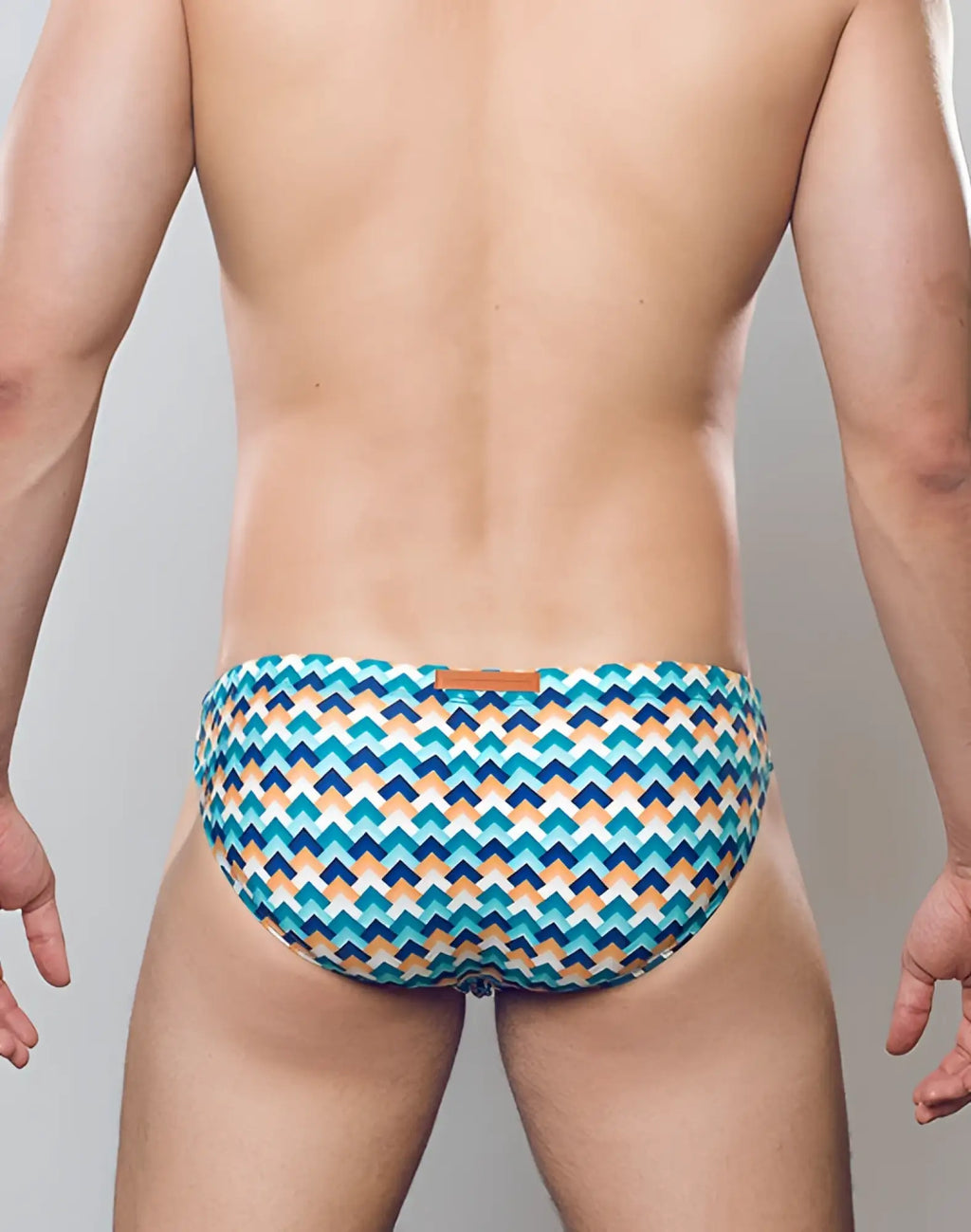 2eros v20 printed swim brief in chevy blue featuring blue and beige zigzag patterns with a brown leather tag at the waistband