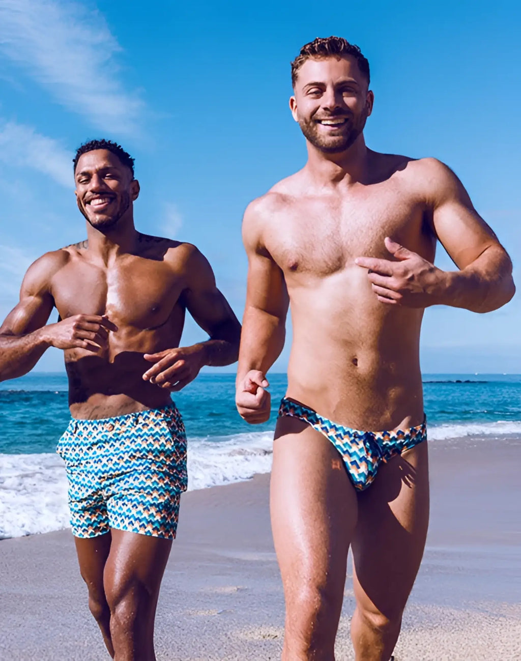 Men’s 2EROS V20 printed swim brief in chevy blue featuring teal and white geometric patterned fabric