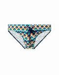 2eros v20 printed swim brief in chevy blue with blue and orange geometric pattern and drawstring closure