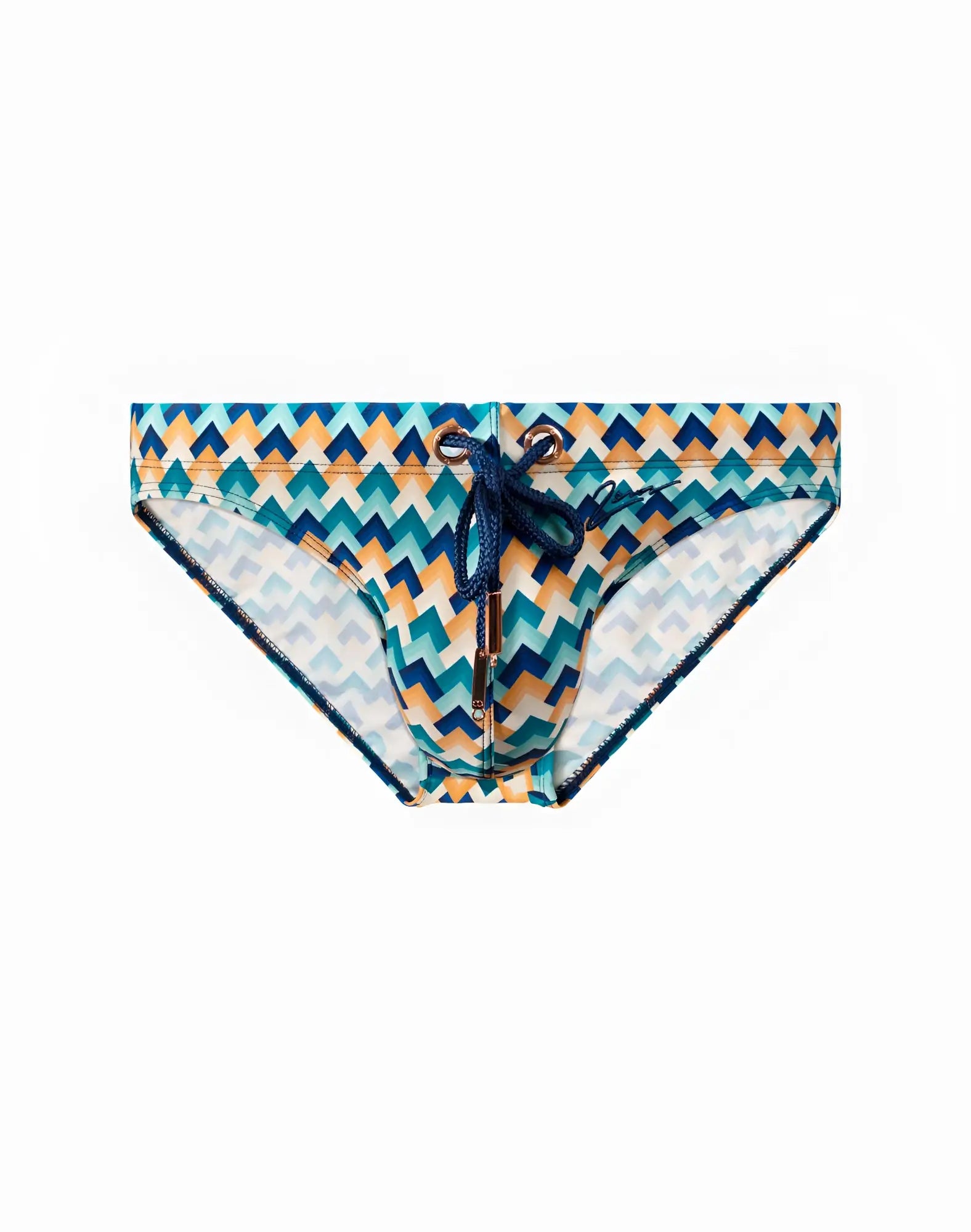2eros v20 printed swim brief in chevy blue with blue and orange geometric pattern and drawstring closure