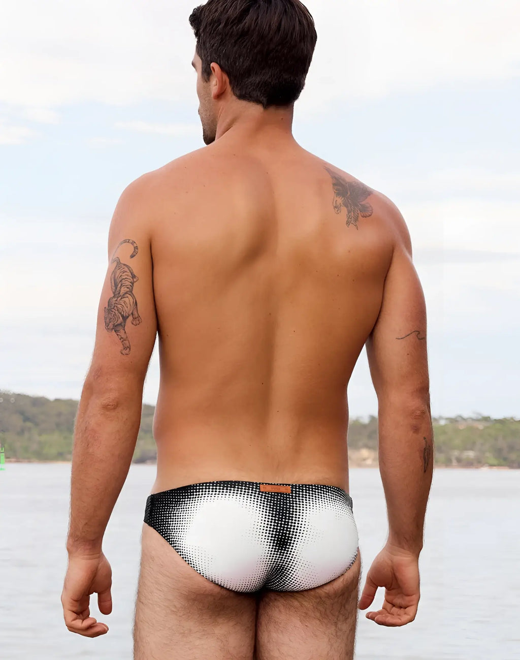2eros v20 printed swim brief in black and white with a halftone dot gradient pattern for swimwear use