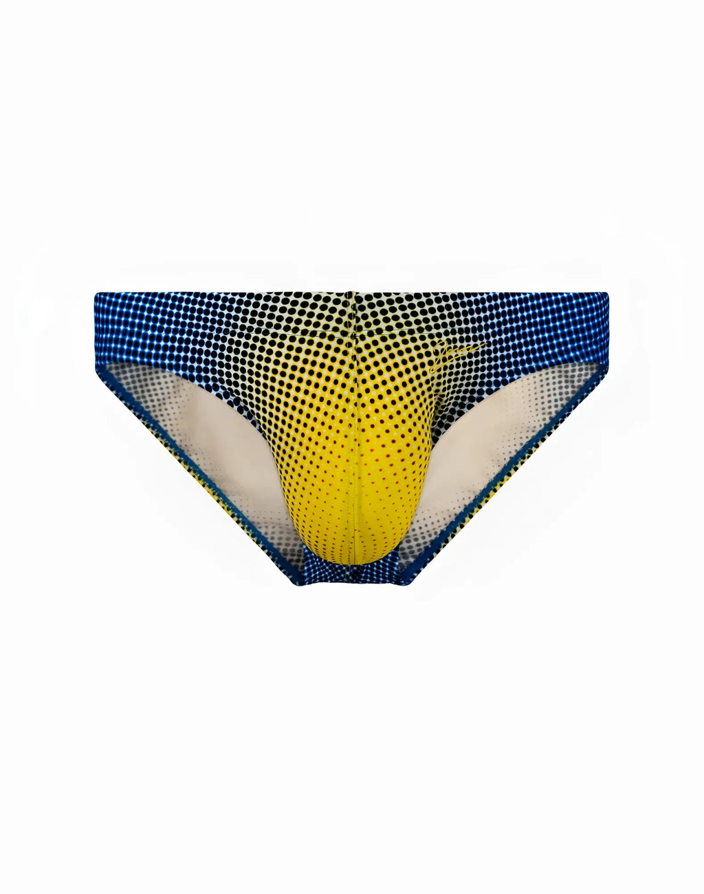 2EROS V20 printed swim brief in comic yellow and navy with blue and yellow halftone pattern and mesh interior lining