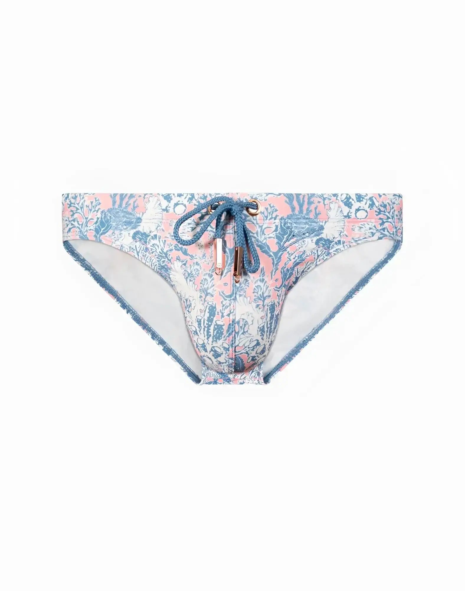 2EROS V20 printed swim brief coral teal with pink and blue coral print and drawstring closure for swimming