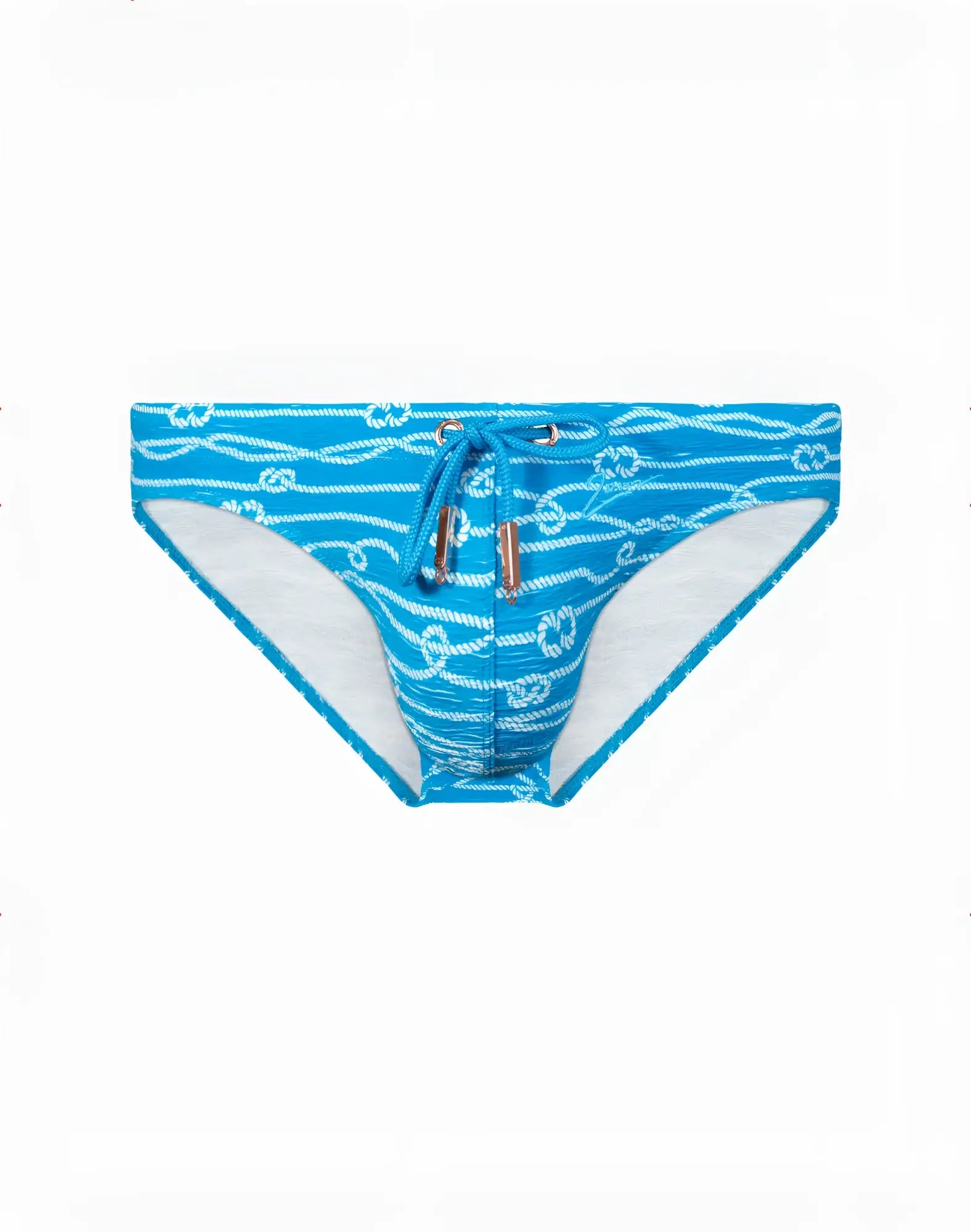 Bright blue 2EROS V20 printed swim brief with white rope knot pattern and silver-toned drawstring hardware