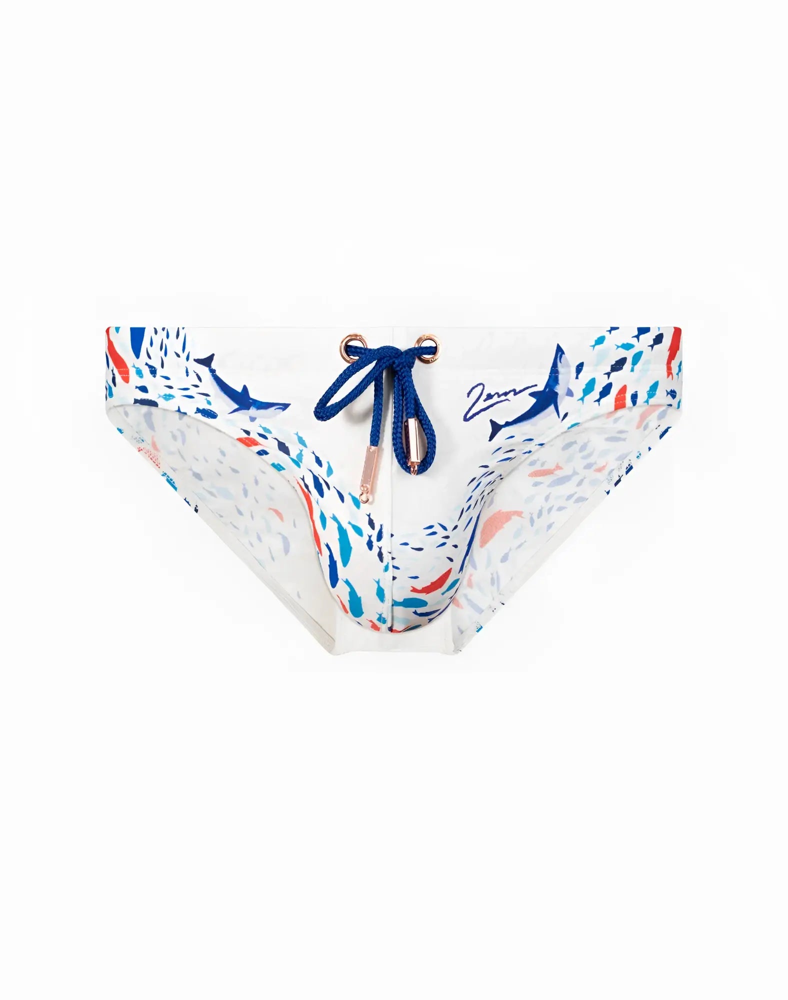 White swim trunks by 2EROS featuring vibrant blue and red shark print with navy blue drawstrings in seascape white