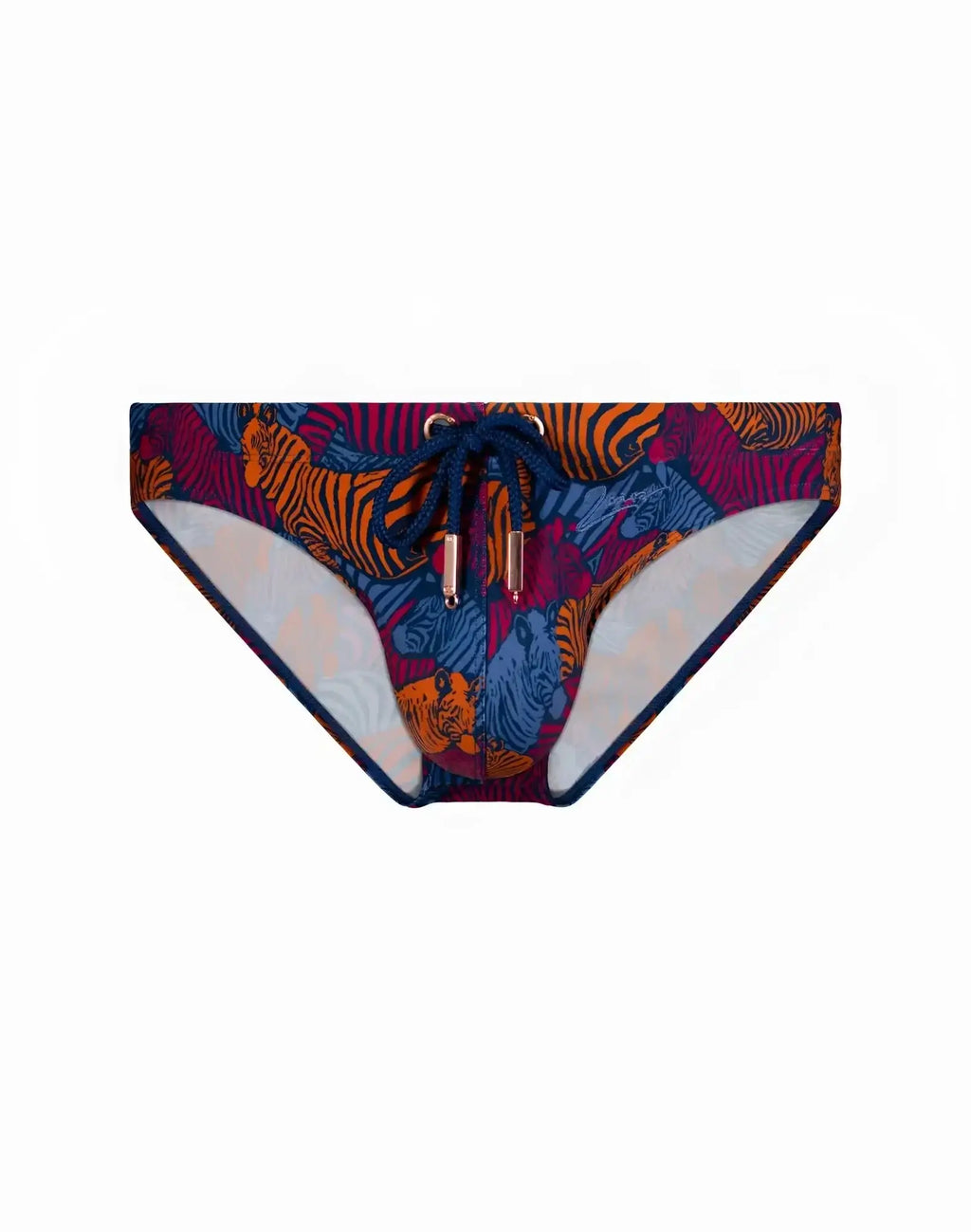2EROS V20 printed swim brief stallion navy featuring vibrant tiger-print in orange blue magenta with navy drawstring closure