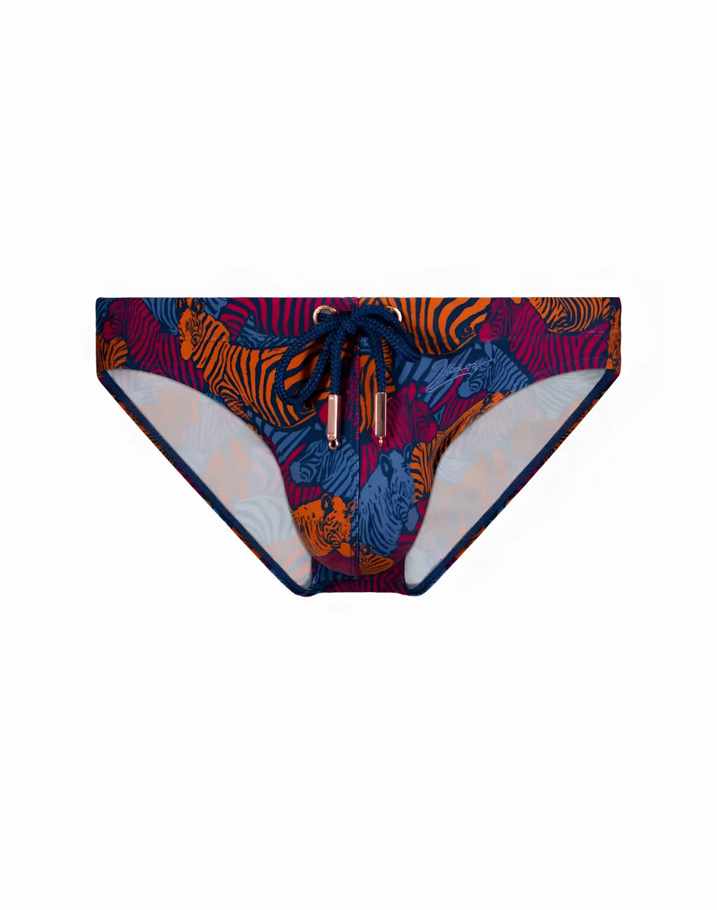 2EROS V20 printed swim brief stallion navy featuring vibrant tiger-print in orange blue magenta with navy drawstring closure