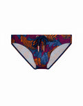 2EROS V20 printed swim brief stallion navy featuring vibrant tiger-print in orange blue magenta with navy drawstring closure