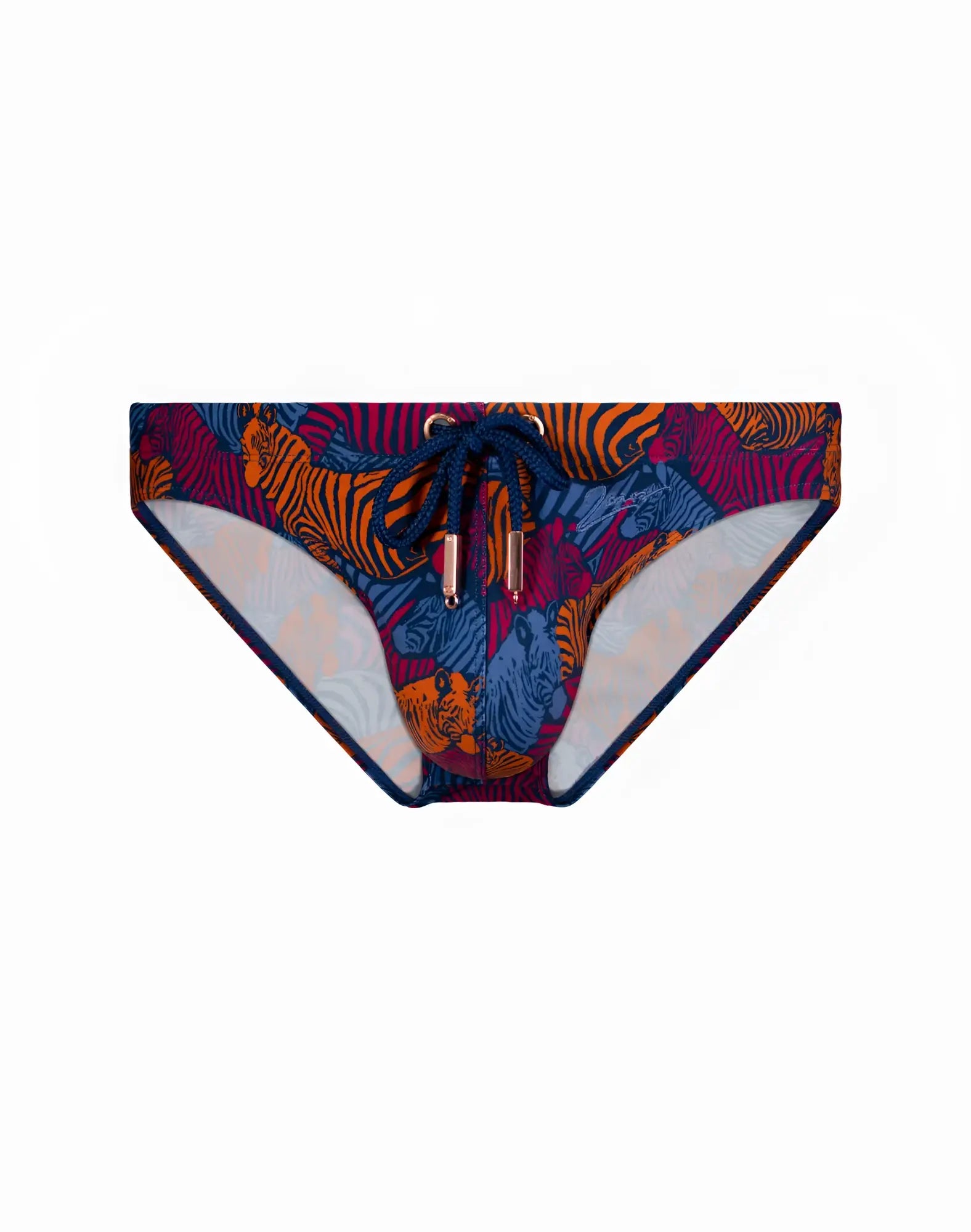 2EROS V20 printed swim brief stallion navy featuring vibrant tiger-print in orange blue magenta with navy drawstring closure