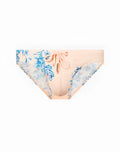 Beige 2EROS V20 printed swim brief with blue and white floral pattern, front zipper closure, and matching drawstring tie