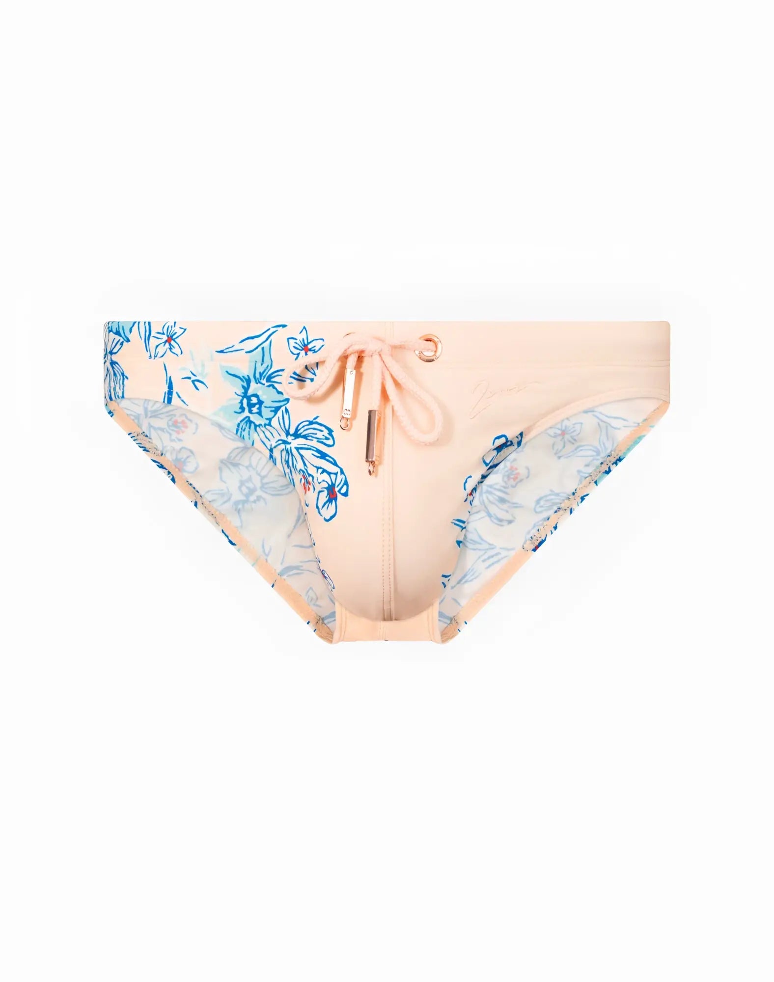 Beige 2EROS V20 printed swim brief with blue and white floral pattern, front zipper closure, and matching drawstring tie