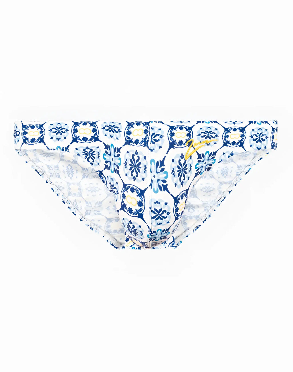 2EROS V20 printed swim briefs in blue and white with a decorative tile pattern for stylish beachwear