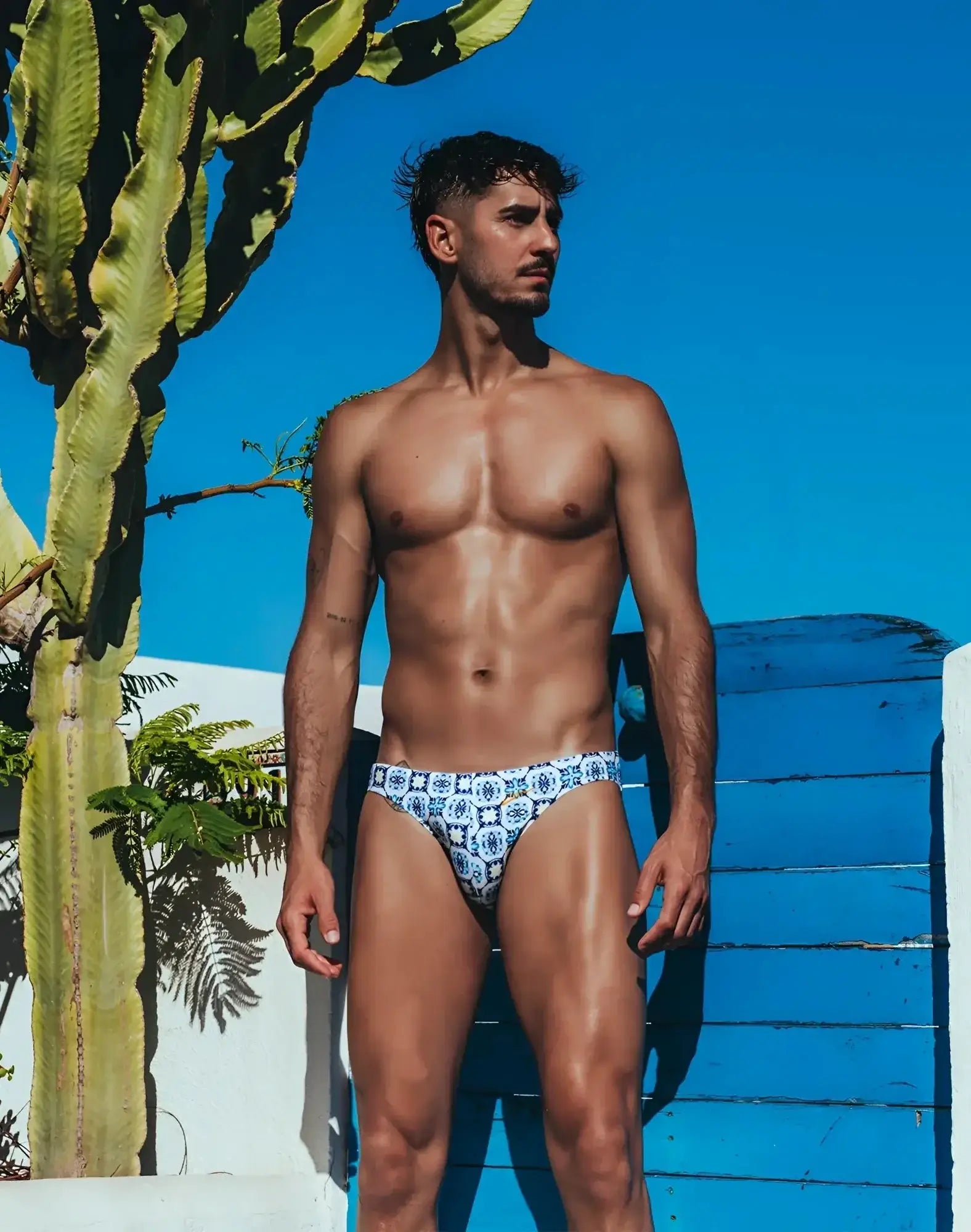 Blue and white patterned 2eros V20 printed swim briefs with decorative tile-inspired design for swimming and beachwear