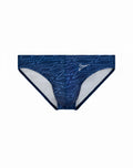 Blue swim briefs by 2eros featuring a repeating lighter blue zeno script pattern with white lining and navy trim