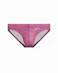 Purple 2EROS V20 printed swim briefs with orange cursive script pattern and white lining for swimming use