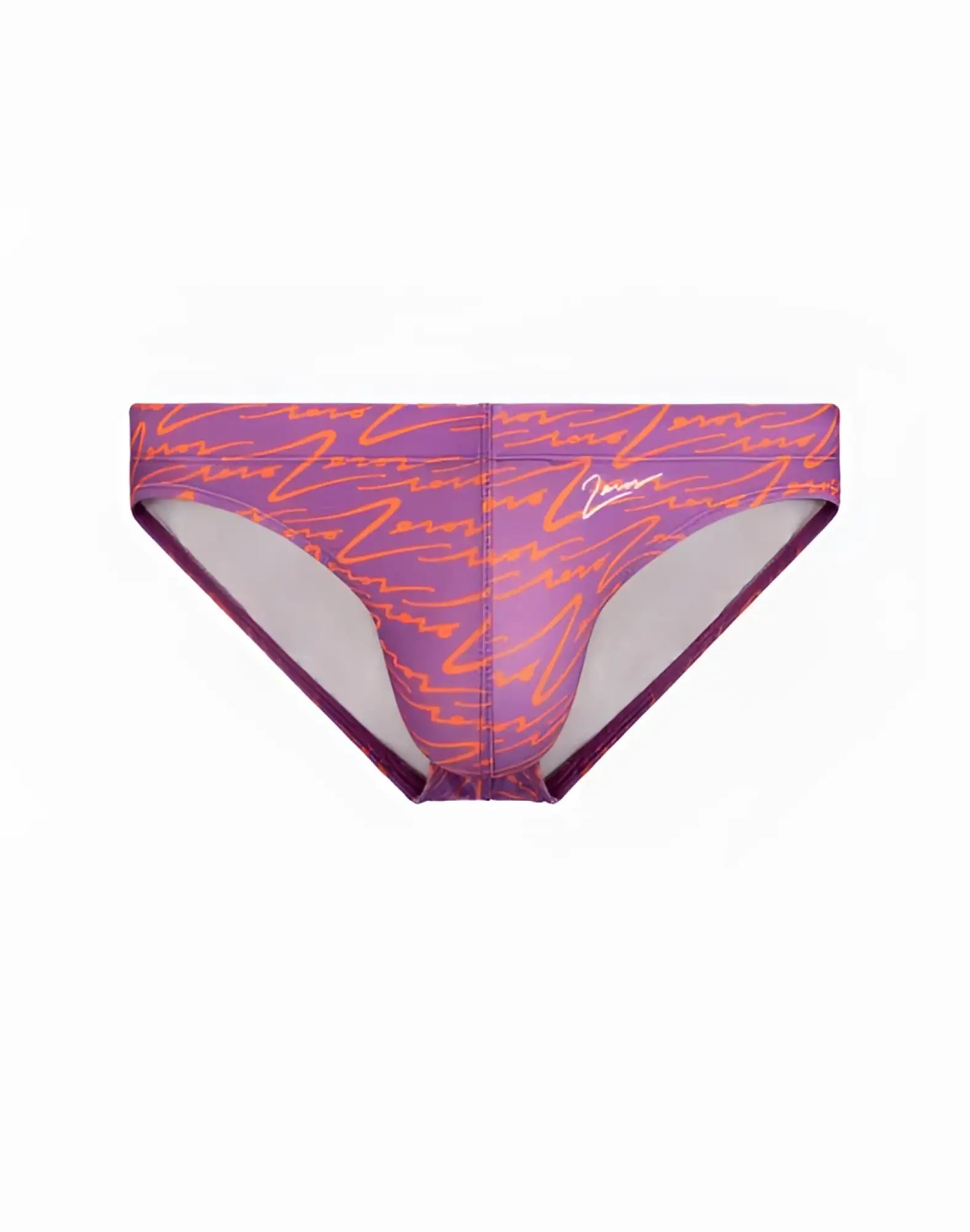 Purple 2EROS V20 printed swim briefs with orange cursive script pattern and white lining for swimming use