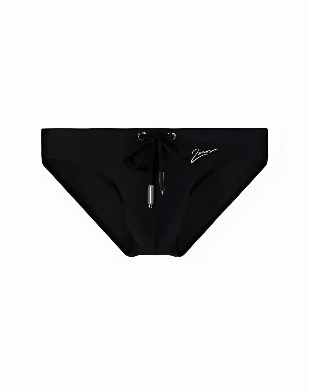 Black 2eros v20 signature swim briefs with drawstring waistband silver metal hardware and embroidered logo on side