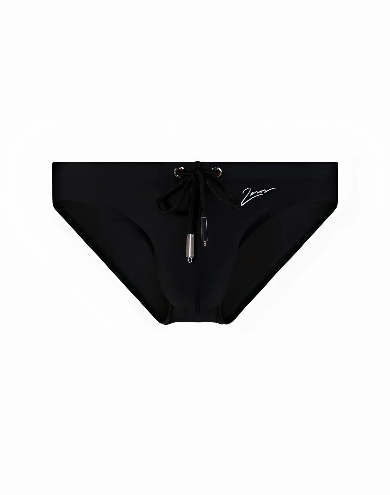 Black 2eros v20 signature swim briefs with drawstring waistband silver metal hardware and embroidered logo on side