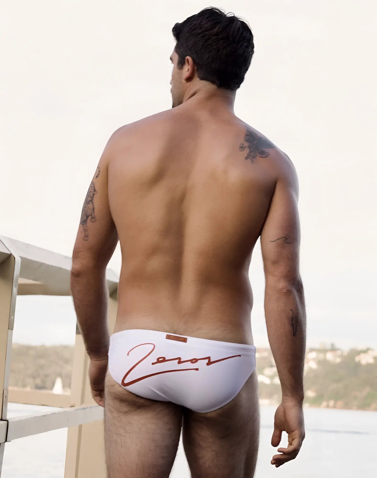White briefs swim brief with red cursive zoros logo 2EROS V20 signature lido white design