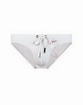 2eros v20 signature swim brief in lido white with drawstring waistband and red embroidered logo in front