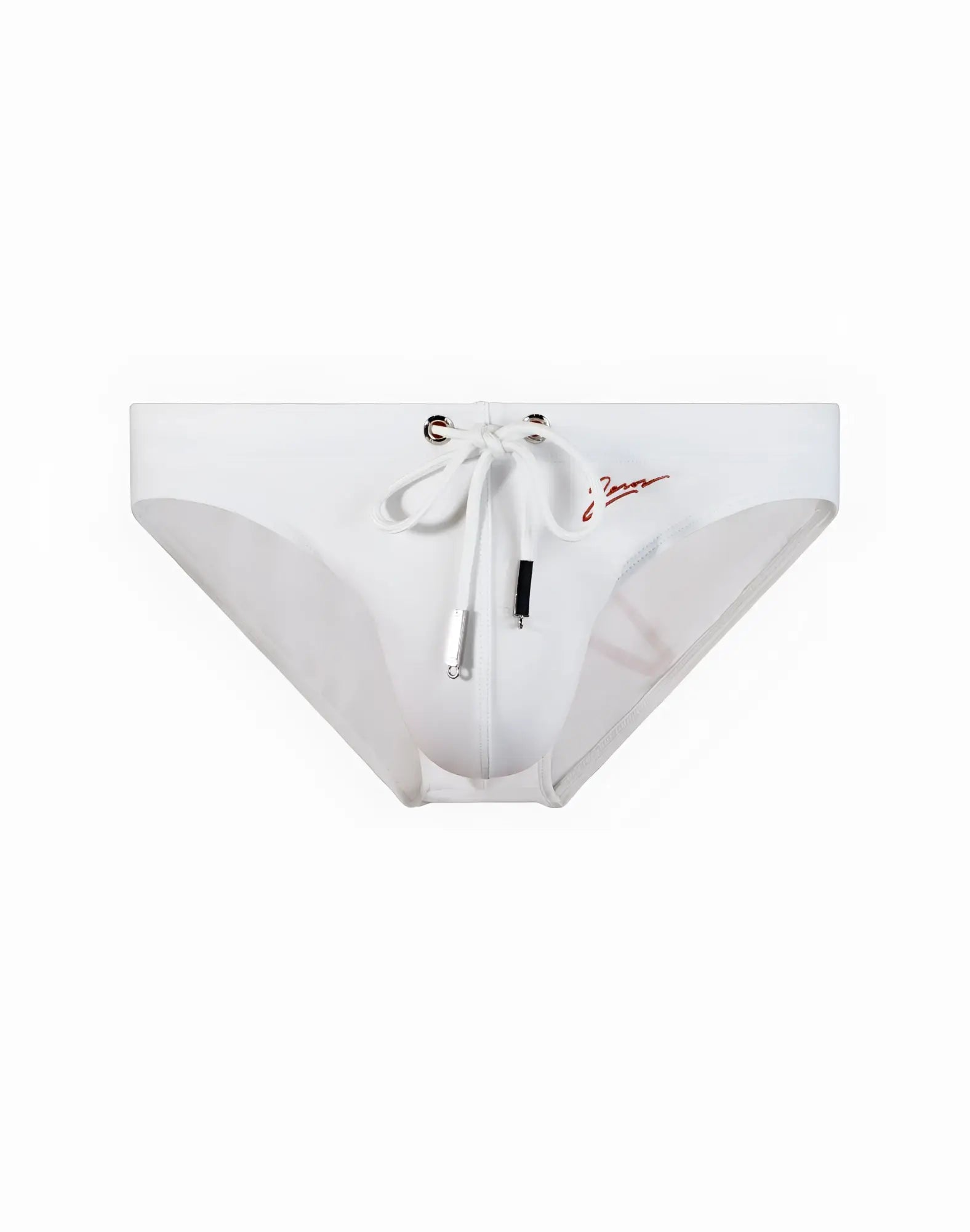 2eros v20 signature swim brief in lido white with drawstring waistband and red embroidered logo in front