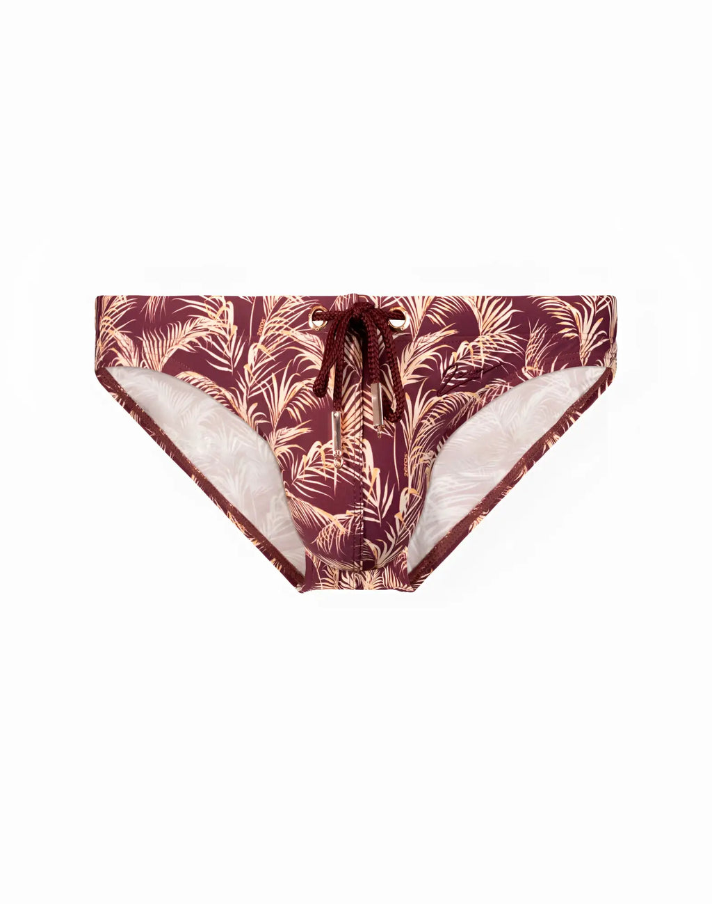 2EROS V20 Signature swim trunks in maroon and cream with tropical leaf pattern and matching drawstring for Hawaiian night