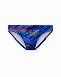 Vibrant blue pink and green abstract brushstroke patterned bikini bottom with matching drawstring tie from 2eros v20 swimwear