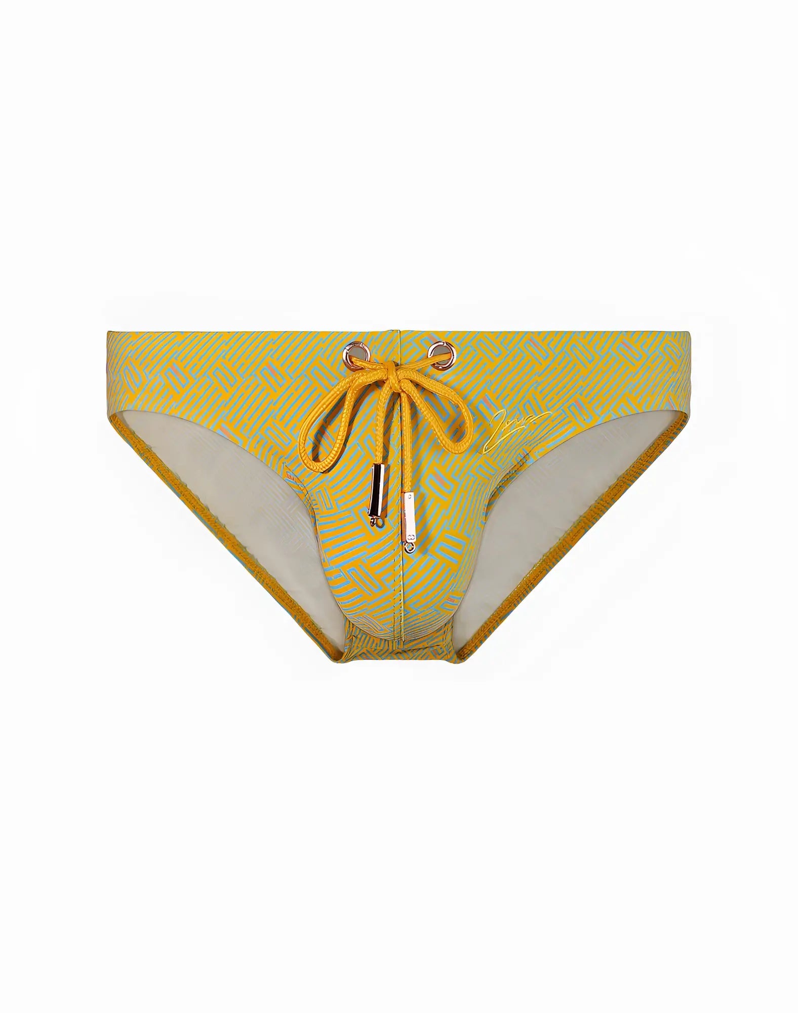 Yellow patterned 2eros v20 signature swim trunks with matching drawstring and metallic hardware for swimwear use