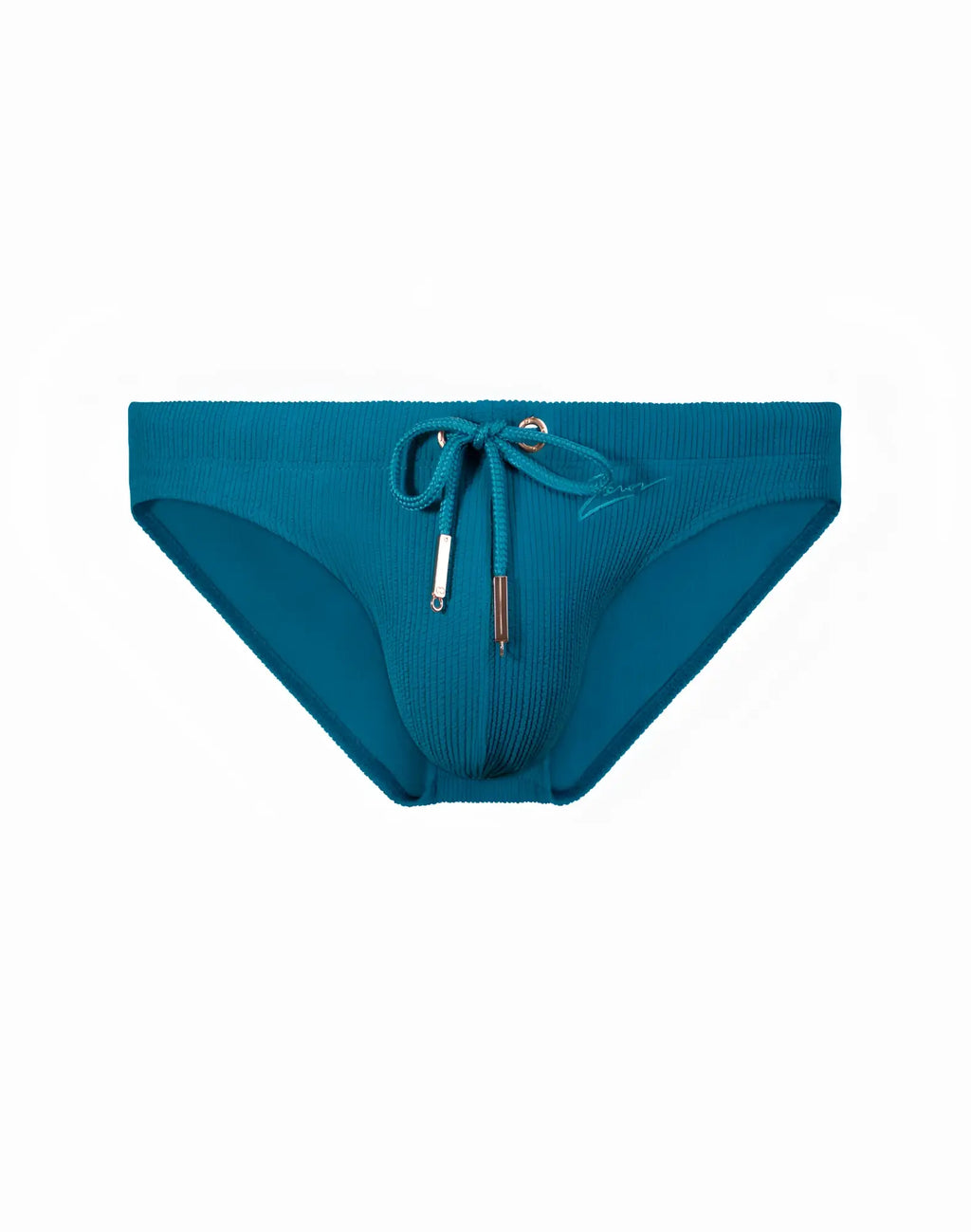 2EROS V20 swim brief in railroad teal with teal ribbed fabric and matching drawstring with metallic aglets