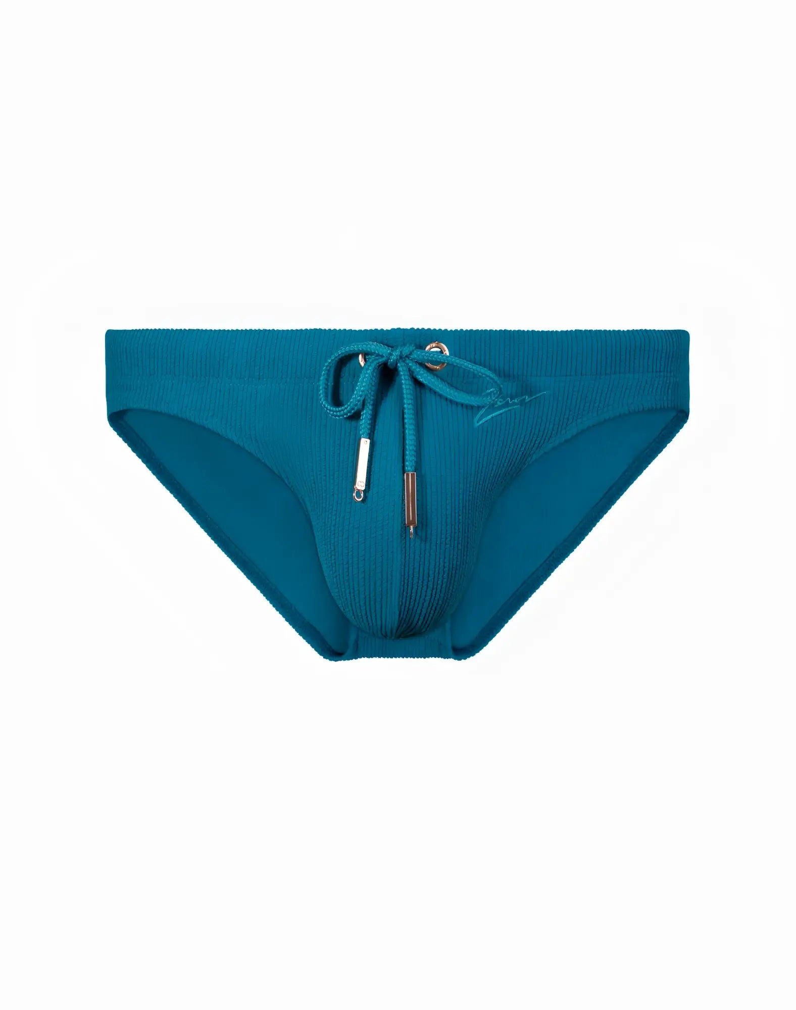 2EROS V20 swim brief in railroad teal with teal ribbed fabric and matching drawstring with metallic aglets