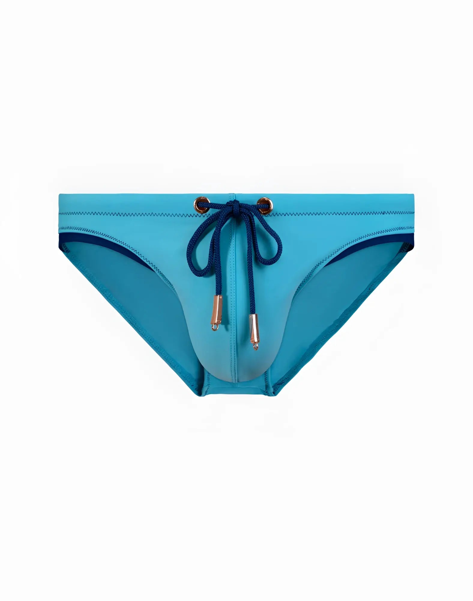 2eros v22 rapid swim brief in bright turquoise with navy blue trim and matching drawstring ties for swimming