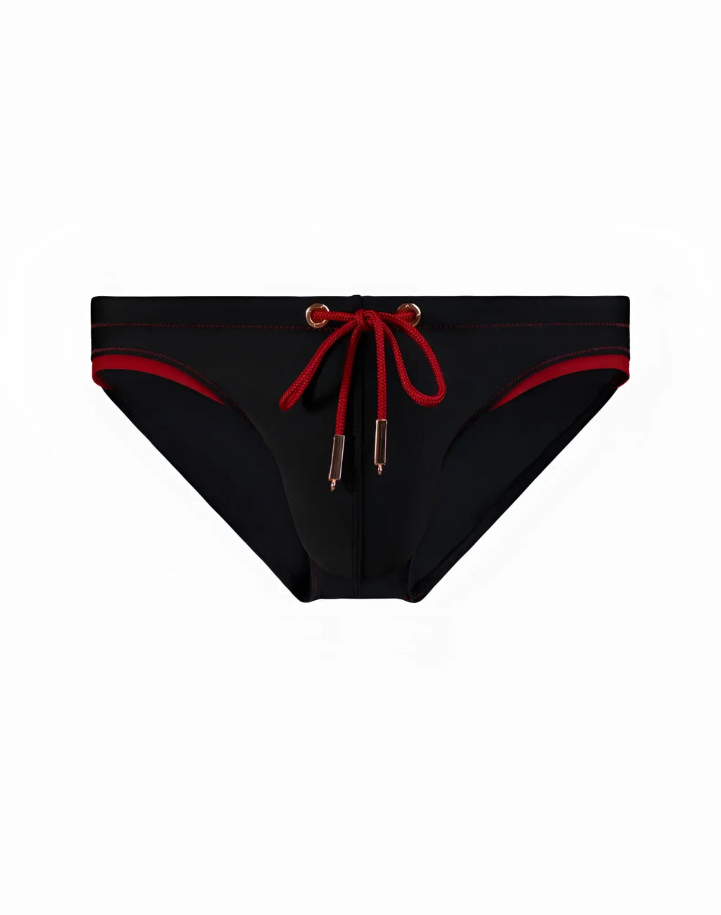 Black 2EROS V22 Rapid swim brief with red trim and matching drawstring featuring metallic gold aglets