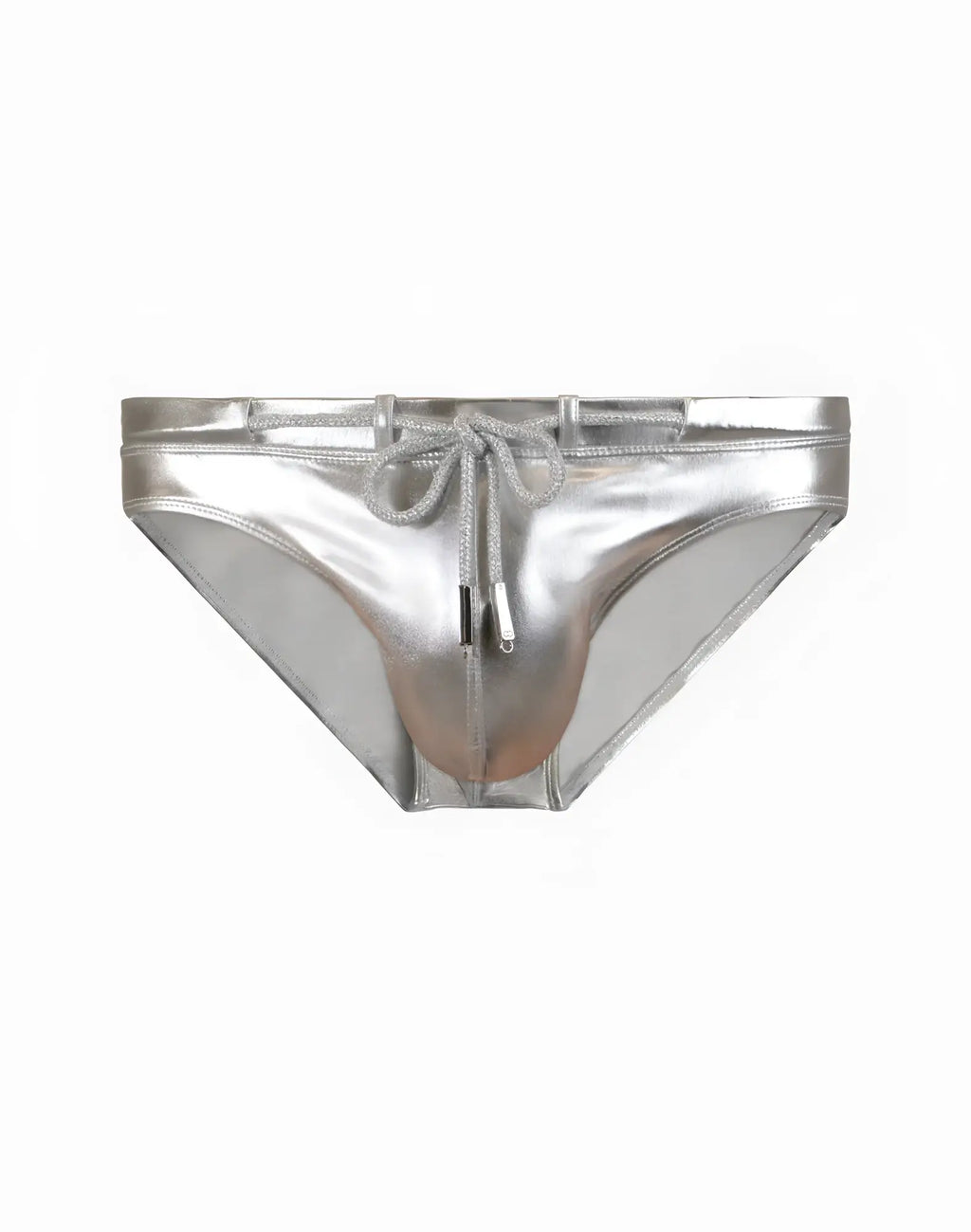 Shiny silver metallic 2eros v30 swim brief with drawstring waistband and zipper closure designed for swimming