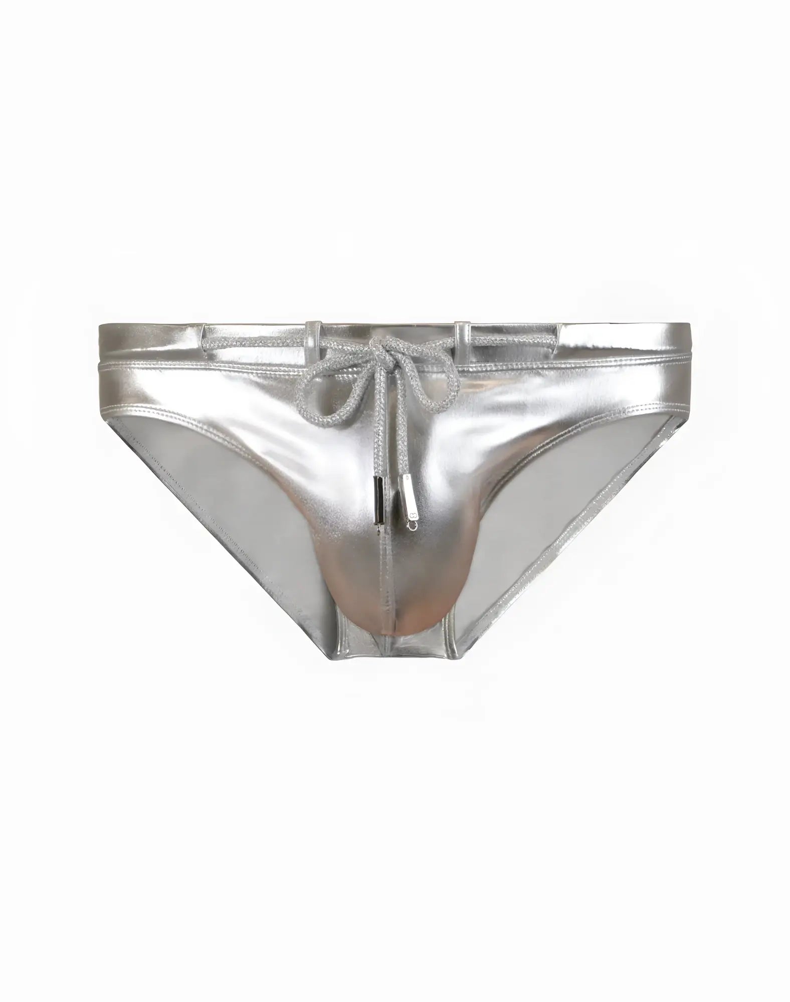 Shiny silver metallic 2eros v30 swim brief with drawstring waistband and zipper closure designed for swimming