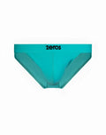Turquoise 2eros v50 encore swim tanga men’s briefs with black logo waistband in neon blue for swimwear use