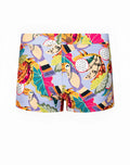 2EROS V60 Bondi print swim trunks in purple with vibrant tropical toucan dragon fruit and leaf patterns on lavender base