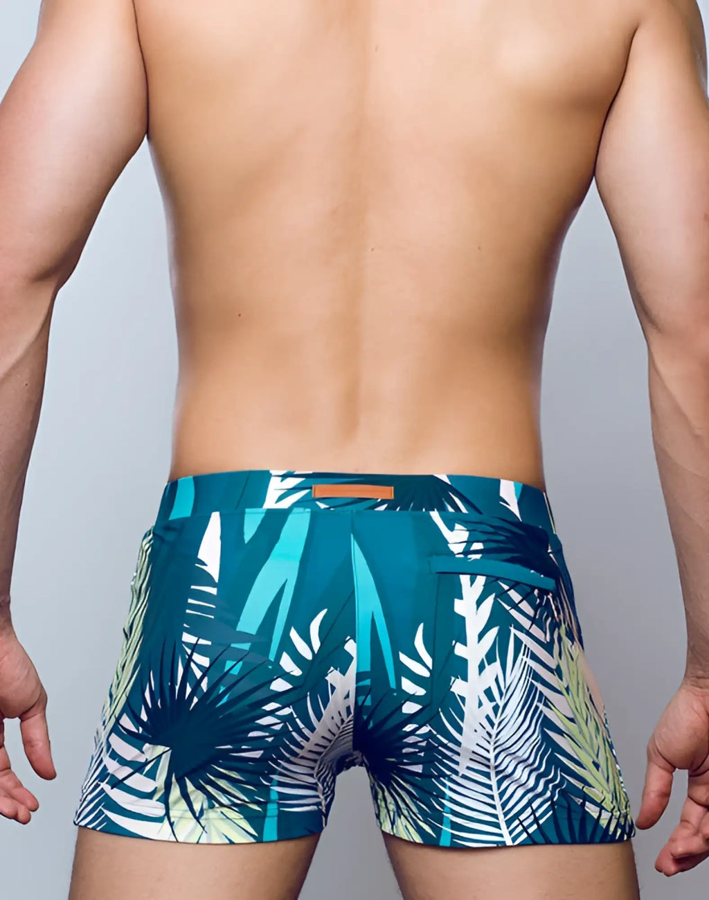 2EROS V60 Bondi print swim trunks with teal and white tropical leaf pattern made for beachwear