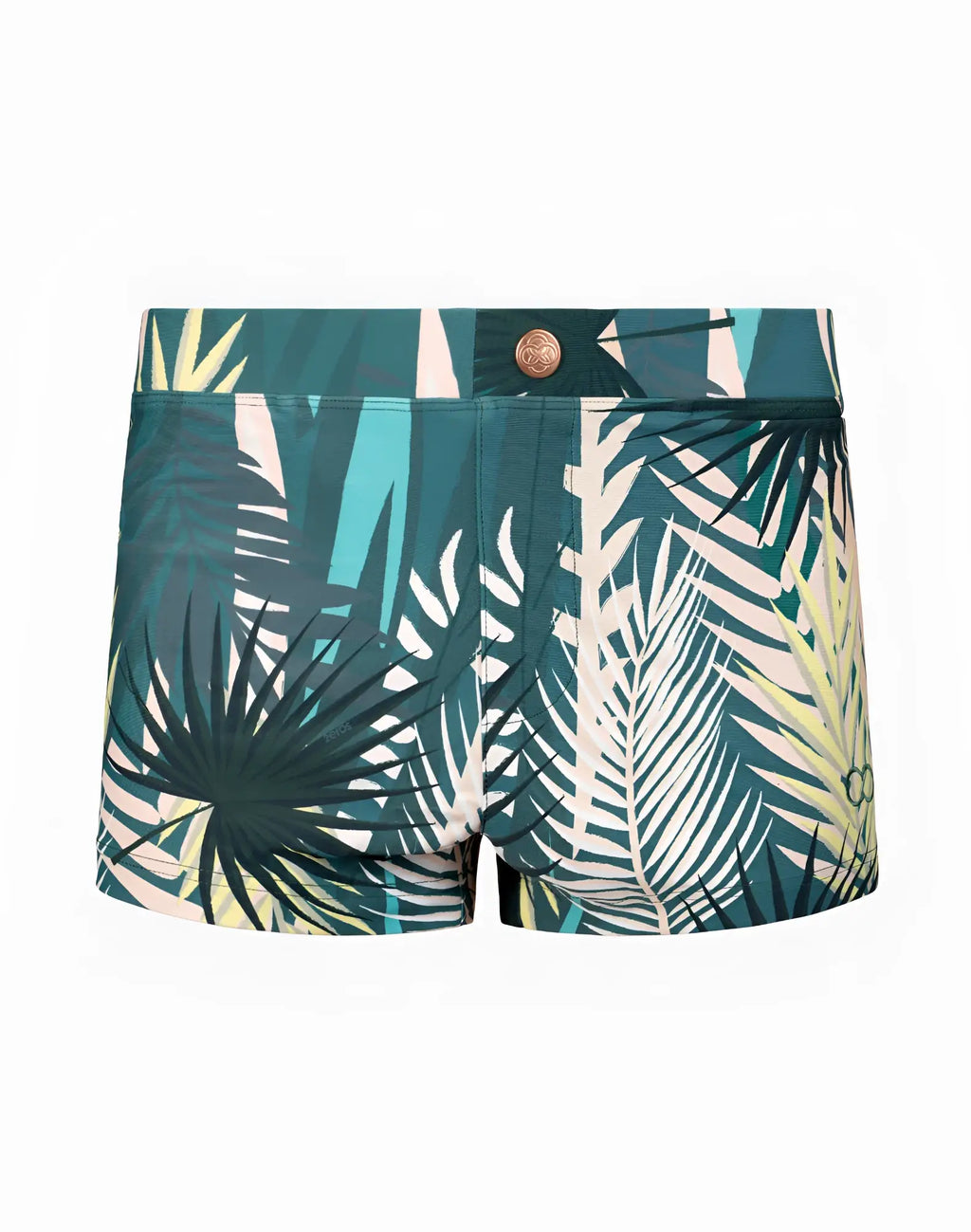 2eros v60 bondi print swim trunks in teal with tropical leaf pattern and copper button at the waistband