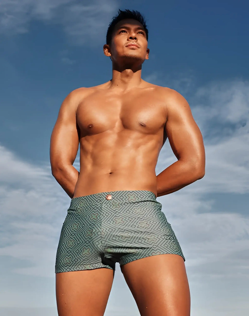 2eros v60 bondi print swim trunks in jade green with a geometric pattern designed for swimming and beachwear