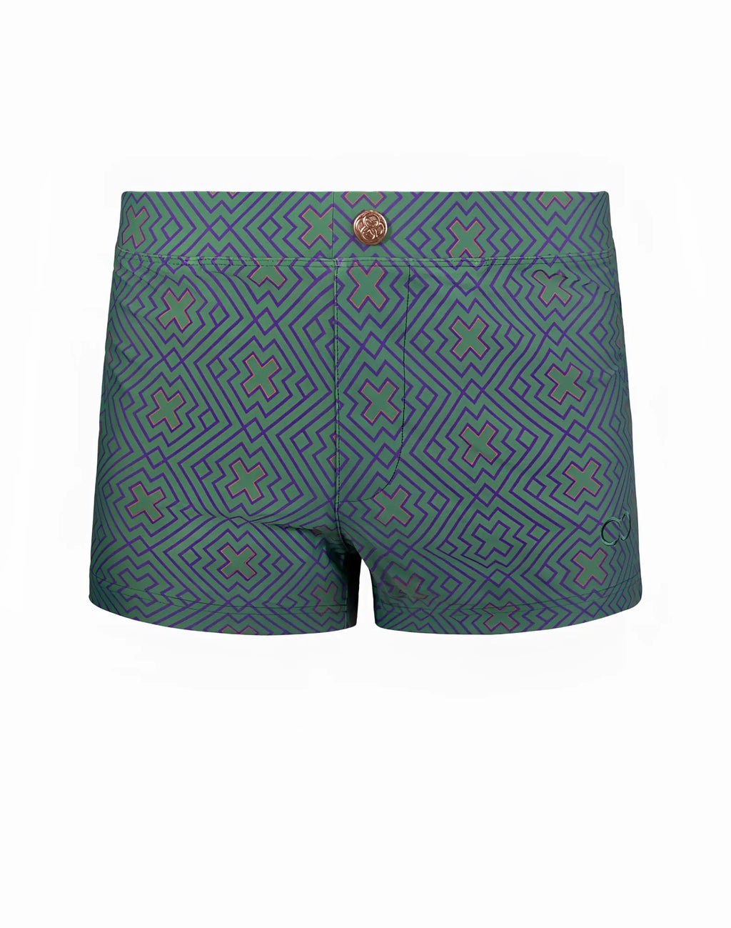2eros v60 bondi print swim trunks in jade teal with purple green geometric cross pattern and rose gold button waistband