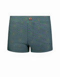 2eros v60 bondi print swim trunks in jade teal with purple green geometric cross pattern and rose gold button waistband