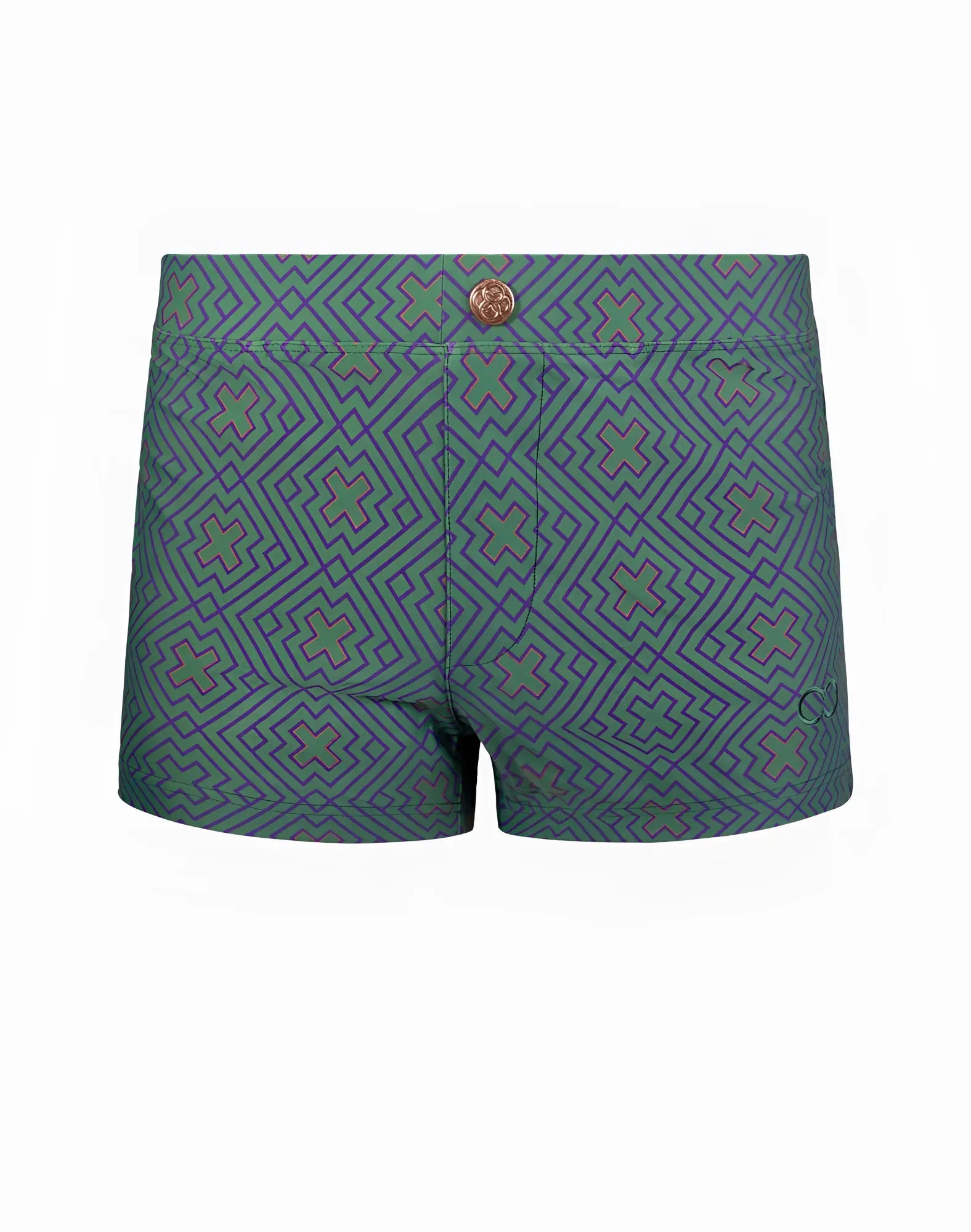 2eros v60 bondi print swim trunks in jade teal with purple green geometric cross pattern and rose gold button waistband